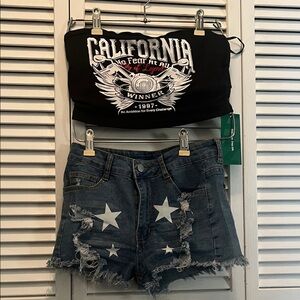 Denim Star-Embellished Women Shorts & California Tank Top